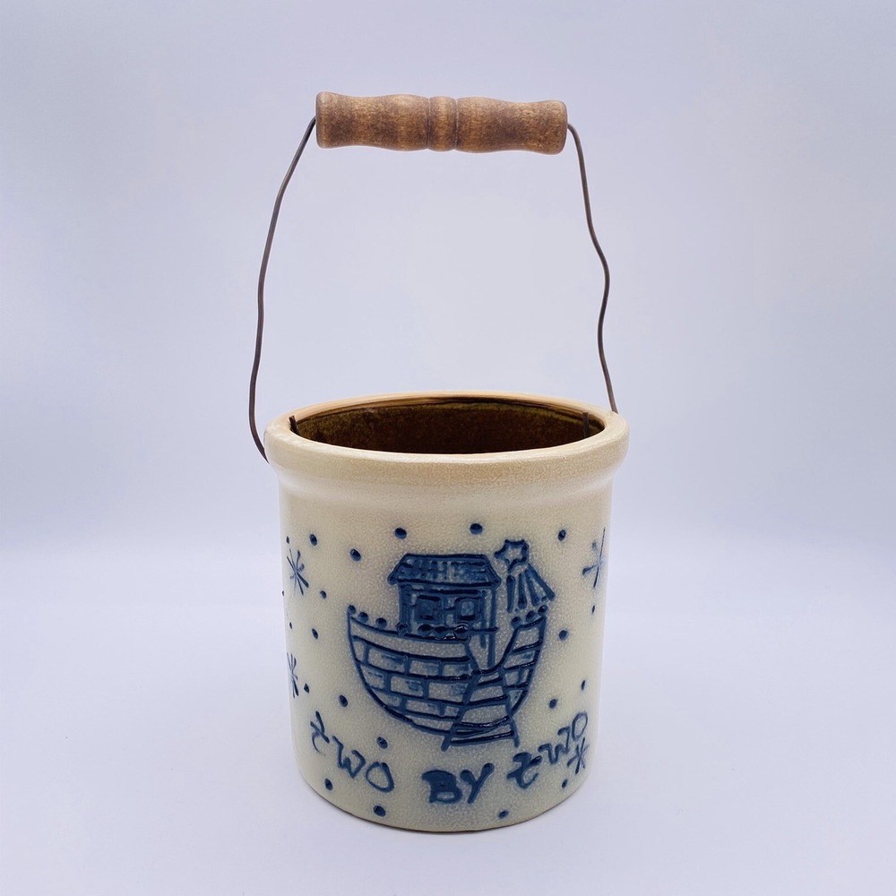 Maple City Pottery Crock 2 By 2 Noah's Ark W/Handle Salt Glazed Primitive Farm - Picture 2 of 7